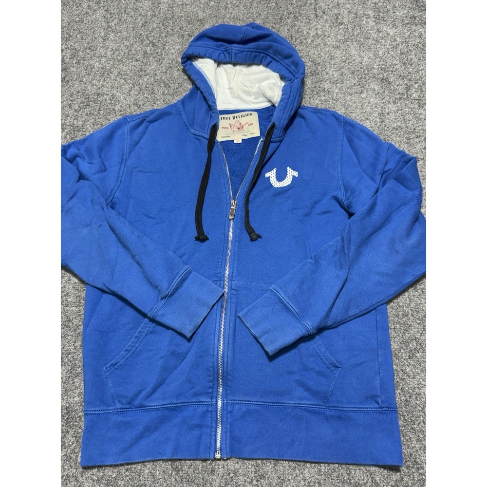 True Religion Hoodie Mens Large Blue Mesh Full Zip Buddha Jacket Sweatshirt
